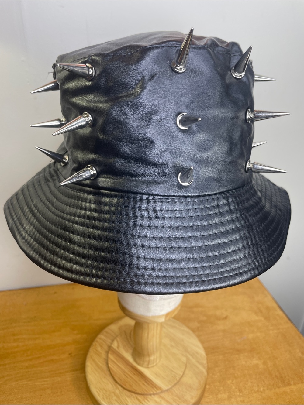 Black Spiked Faux Leather Bucket Hat - Studded Punk Style